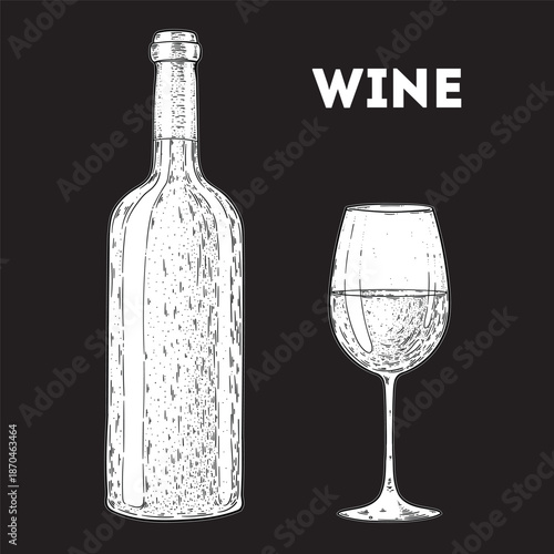 Bottle of wine and wine glass sketch. Vector drawing illustration. Hand drawn. Not AI Generated.