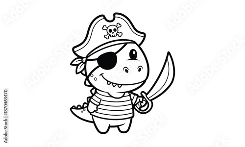 Cute baby pirate dinosaur wearing eye patch and holding sword