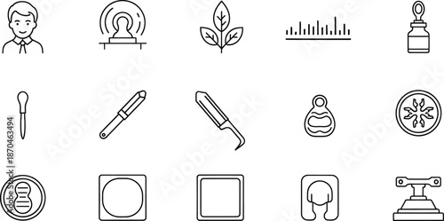 A collection of various line art icons featuring medical, nature, tool, and abstract symbols.