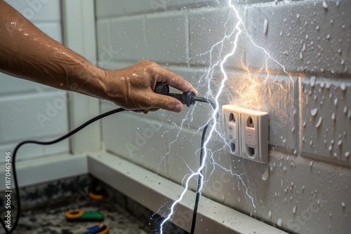 A person is holding a power tool while a lightning bolt strikes a power line
