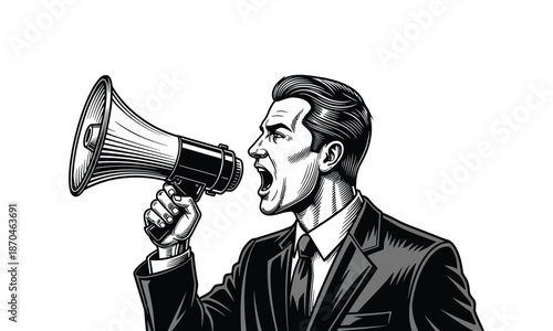Man shouting into megaphone illustration for protest and news concepts