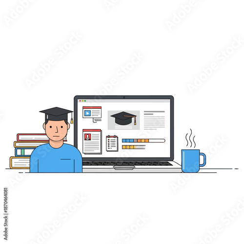 Student engaged in online learning with laptop and books, a modern educational concept