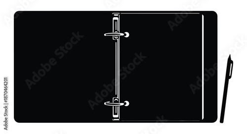 A stark white binder with dual metal rings set against a completely black background silhouette