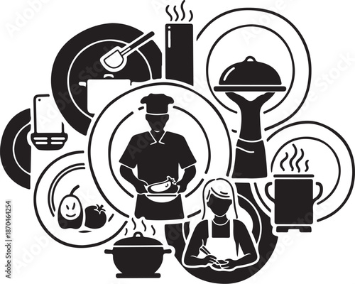 Chef and Waitress in Kitchen with Food and Utensils