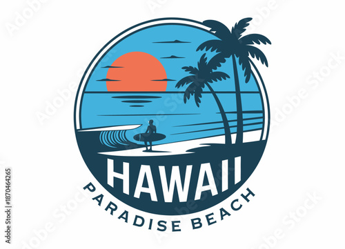 Hawaii paradise beach silhouette design in retro style, featuring tropical scenery ideal for travel branding, summer apparel, tourism graphics, vintage posters, and coastal destination illustrations