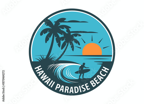 Hawaii paradise beach silhouette design in retro style, featuring tropical scenery ideal for travel branding, summer apparel, tourism graphics, vintage posters, and coastal destination illustrations