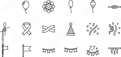 A collection of black line art icons featuring party, celebration, and miscellaneous symbols