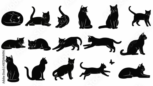 Collection of Black Cat Silhouettes in Various Poses.