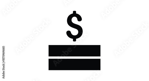 A stark black silhouette of a dollar sign above stacked rectangles represents financial wealth