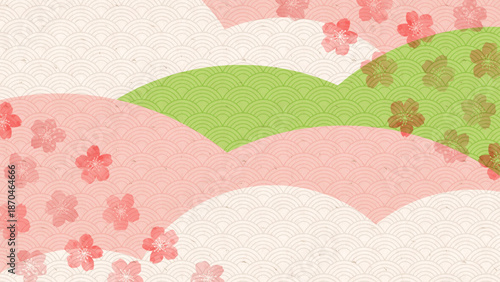 桜と雲の和風テイストの水彩背景。桜と雲をあしらった、やさしく上品な水彩風和紙の春背景。Japanese Spring Watercolor Background.