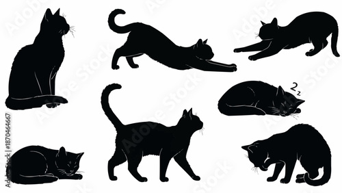 Collection of Black Cat Silhouettes in Various Poses.