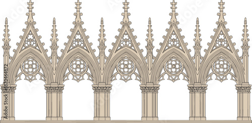 Gothic arcade architectural illustration, pointed arches, rose windows, ornate tracery, crockets, finials, medieval design, historic building elements, vertical columns