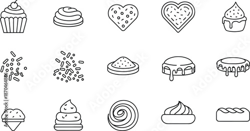 A set of line art icons featuring various sweet treats and baking elements