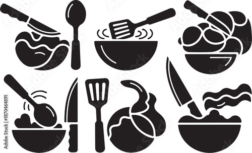 Black and white kitchen utensil icons set