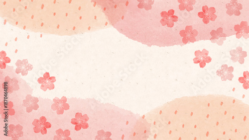 和紙と水彩風カラーで描いた桜と雲の春の和風背景。Japanese Spring Background with Washi Paper and Watercolor Style.桜と雲の和風水彩背景。