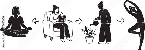 Self Care Routine Silhouette Illustrations for Mindfulness and Wellness