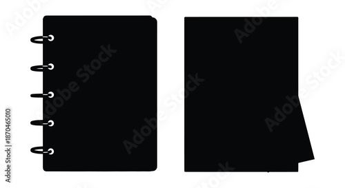 Two black open notebooks with ring binding presenting a stark visual contrast silhouette