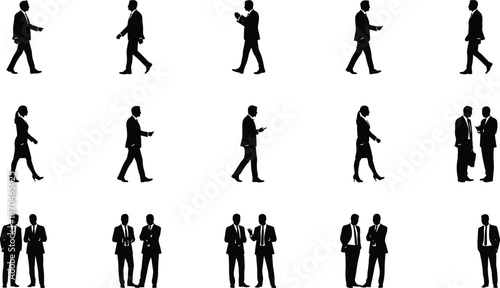 Business professional silhouettes collection, corporate interaction poses, office attire, teamwork gestures, mobile device use, walking executives, workplace communication scene