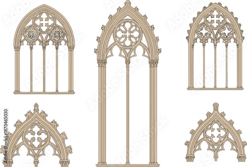 Gothic architecture window designs, pointed arches, ornate tracery, rose window, medieval style, historic building elements, vertical mullions, decorative finials