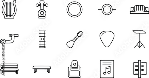 A collection of music instruments, park benches, and recreational items icons in a simple outline style.