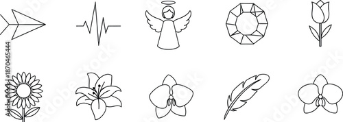 A collection of simple black and white line art icons featuring flowers and symbols