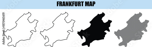 Frankfurt map silhouette vector outline illustration with administrative border contour black solid and pixelated forms