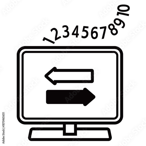 データ処理のアイコン　矢印の表示されたパソコンと流れる数字