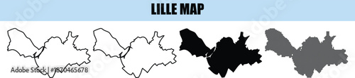 Lille map silhouette vector outline illustration including administrative border contour black solid and pixelated shape