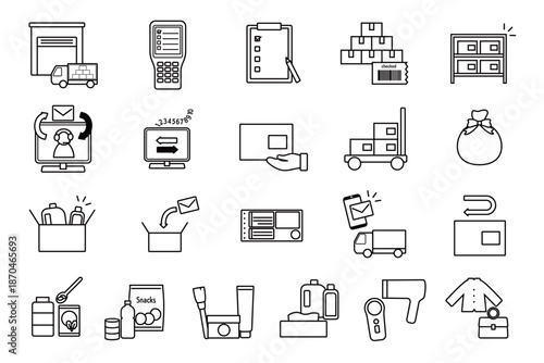 シンプルでミニマルなEC物流・代行サービス関連の白黒アイコンセット