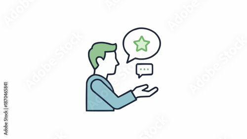 Man with speech bubble and star icon representing feedback or ideas.