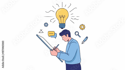Man working on laptop with bright idea lightbulb above head.