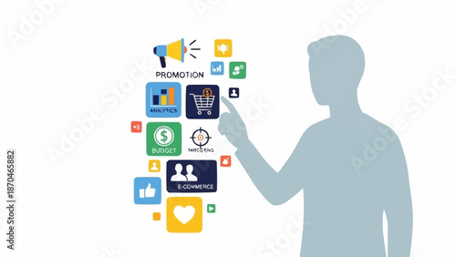 Man interacting with digital marketing and social media icons.