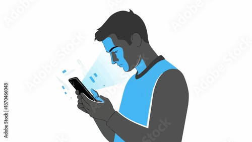 Man looking at smartphone with glowing blue light emanating from screen.