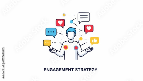 Man juggling social media engagement strategy icons and speech bubbles.