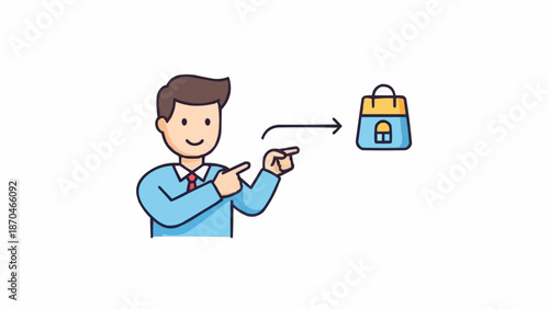 Man pointing to a shopping bag with a lock icon.