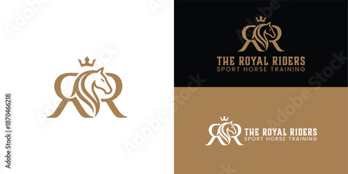 The stylish logo features a mirrored letter R, a horse profile, and a crown. The gold color signifies prestige and excellence in equestrian training.