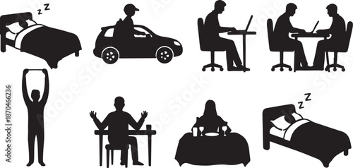 Silhouettes of people in various daily activities and rest