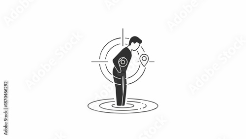 Man standing in a target with location pins indicating navigation.