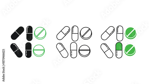 Icon set of pills - Glyph and solid icon set - Flat Design Icon - line icon set - Flat Vector icon, icon, Editable stroke icon, Modern icon collection