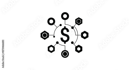 A striking black and white design featuring a dollar sign connected to geometric shapes silhouette