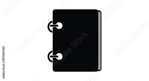 An isolated black notebook with a ring binder showcasing a minimalist design silhouette