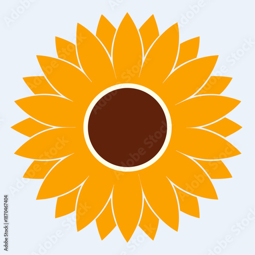 flat design sunflower with bright orange petals on a light blue background.