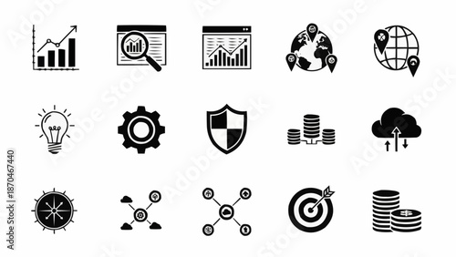 Collection of business and finance icons representing data analysis and growth.