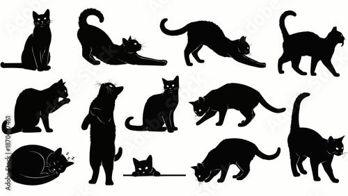 Collection of Black Cat Silhouettes in Various Poses.