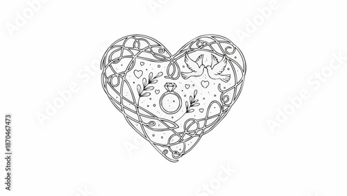 Heart shape with wedding ring and ribbons illustration.