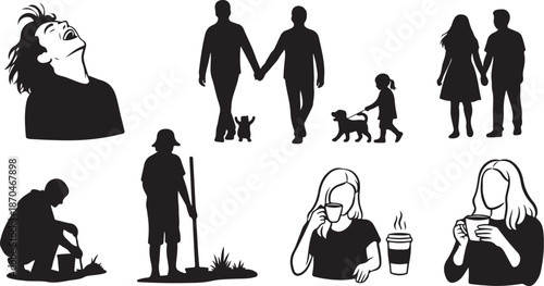 Silhouette illustrations of people in various daily life scenes