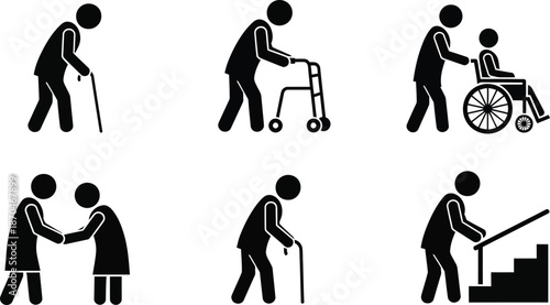 Elderly Care Icons Depicting Seniors with Mobility Aids and Caregivers, Isolated on White