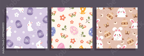Happy Easter seamless pattern clipart poster set. Colorful endless and continuous pattern clip art with Easter egg, flowers, butterfly and cute rabbit collection for happy Easter wallpaper decoration 