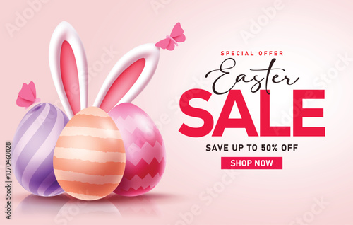Easter Sale clipart design. Easter sale special offer shopping discount with colorful Easter egg and bunny ears in pink background seasonal promo clip art advertisement banner card template vector 