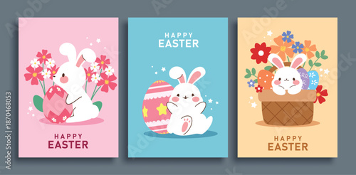 Happy Easter greeting clipart poster set. Happy Easter greeting for easter Sunday clip art collection with cute bunny, flowers and egg decoration in colorful background vector illustration.
